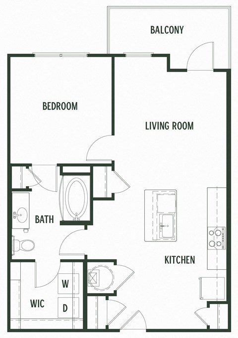 Floor plan for 1 bed, 1 bath, 764 sqft